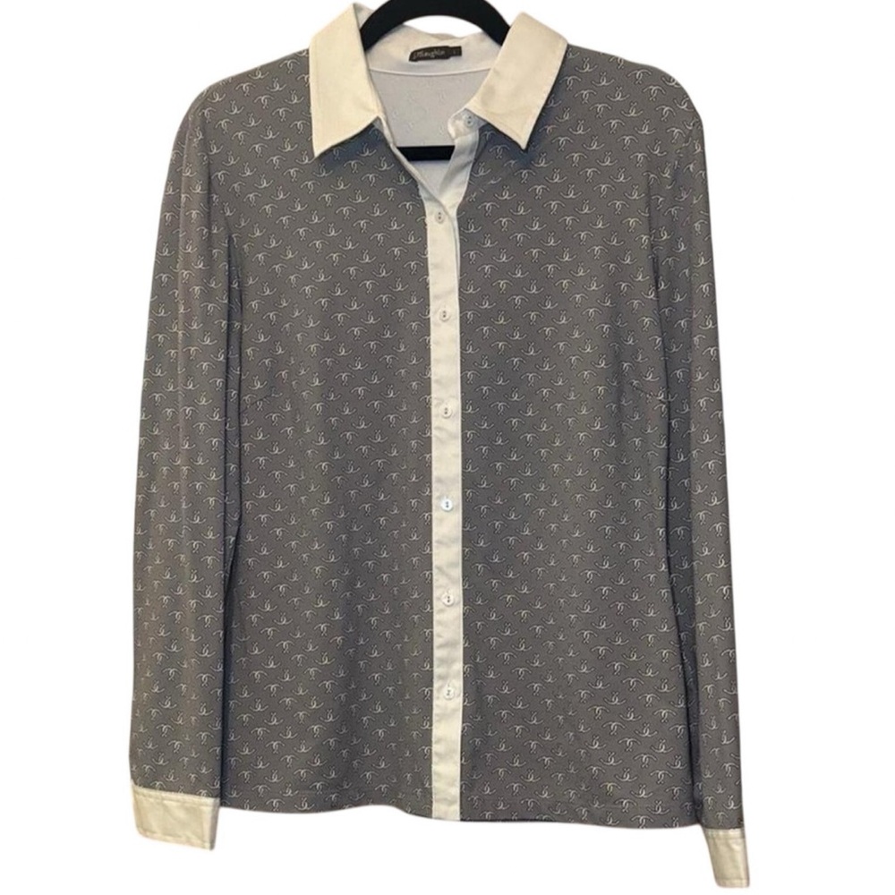 J Mclaughlin Women’s Office Chic Grey Button-Down Horseshoe Print Blouse — LARGE